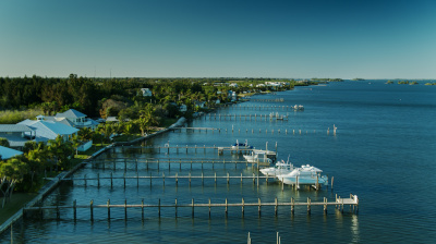 An aerial view of the Indian River Lagoon boat docks