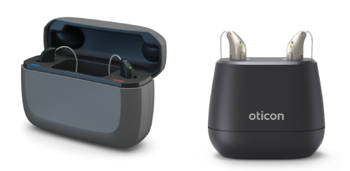 ReSound and Oticon rechargeable hearing aids pictured with their chargers